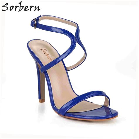 Sorbern Royal Blue Sandals Women High Heels One Strap Open Toe Shoes Ladies Stiletto Summer