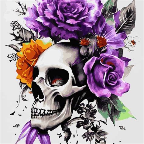 Premium Photo Print Human Skull Exotic Tropical Flowers Day Of The