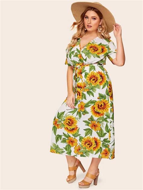 Plus Surplice Front Sunflower Print Dress Dresses Curvy Dress Print Dress