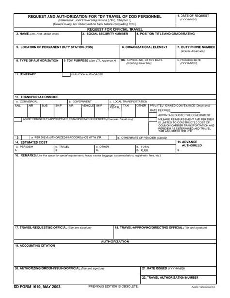 Dd Form 1610 Request And Authorization For Tdy Travel Of Dod