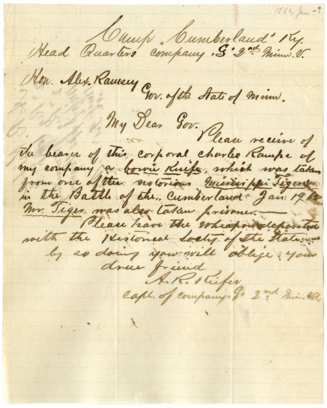 Letter Describing A Knife Taken From A Mississippi Tiger And Requesting