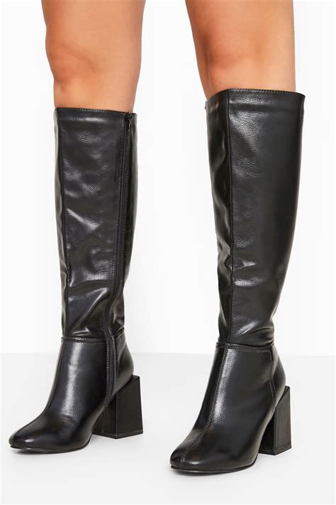 limited collection black vegan leather knee high heeled boots in extra wide fit yours clothing