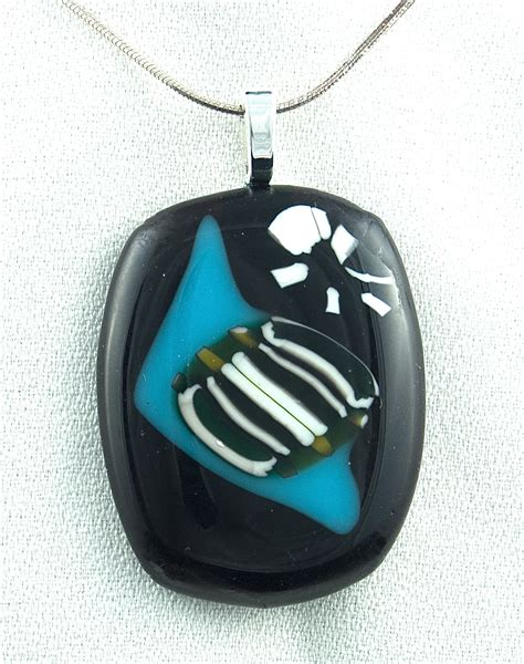 Black With Turquoise And White Fused Glass Pendant Annes Dreams In Glass