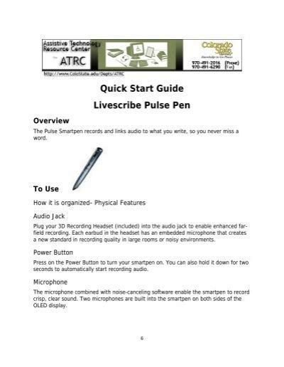 Quick Start Guide Livescribe Pulse Pen Assistive Technology