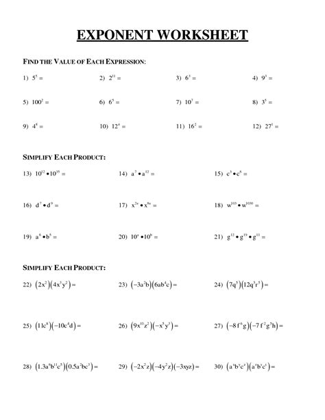 Exponents Worksheet 5th Grade Math