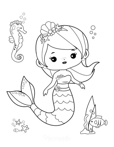 Coloring page mermaid with colorful sample printable worksheet for preschool / kindergarten kids to improve basic coloring skills. 57 Mermaid Coloring Pages | Free Printable PDFs