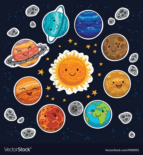 Sticker Set Of Solar System With Cartoon Planets Vector Image Planet Drawing Solar System Art