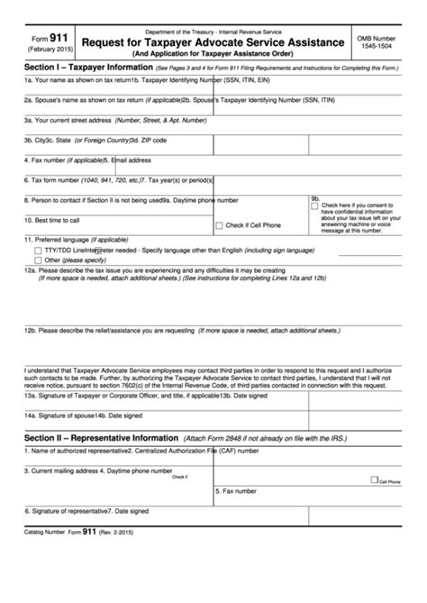 Fillable Form 911 Request For Taxpayer Advocate Service Assistance