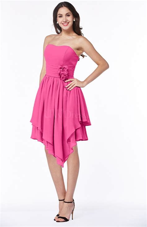 Rose Pink Casual Sleeveless Half Backless Chiffon Asymmetric Ribbon Plus Size Bridesmaid Dresses