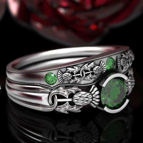 Sterling Scottish Engagement Rings Thistle Wedding Ring Set Emerald