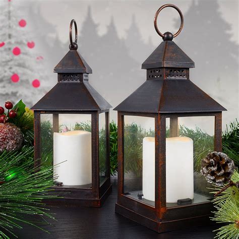 Two Bronze Led Lanterns With Flickering Flame Effect