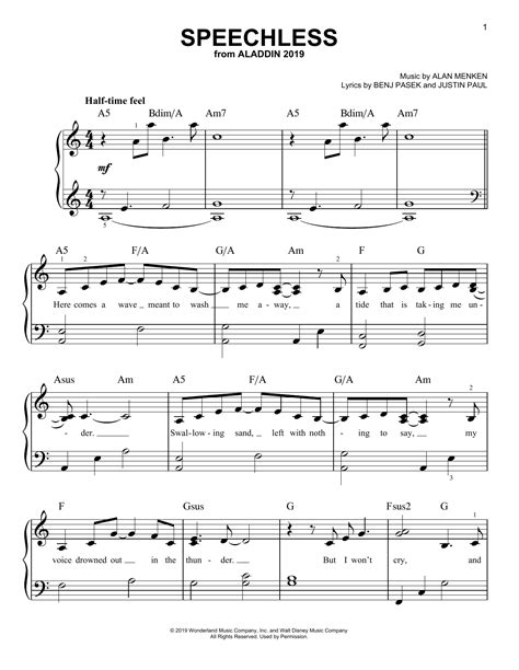 Speechless From Disneys Aladdin Easy Piano Print Sheet Music