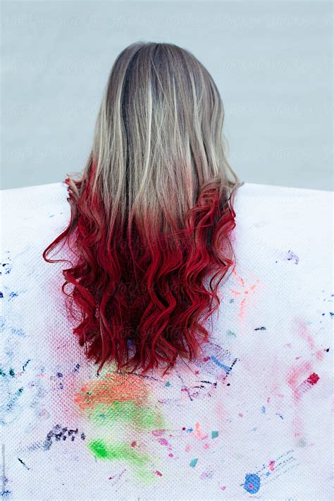 View Long Blonde Hair With Red Color Sprayed On The Ends Dip Dye By