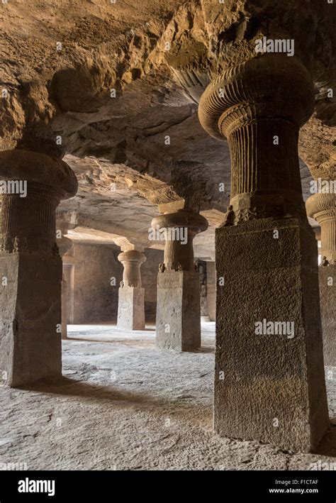 Stone Columns Of Temple Carved Out Of Solid Rock At The Ellora Caves In