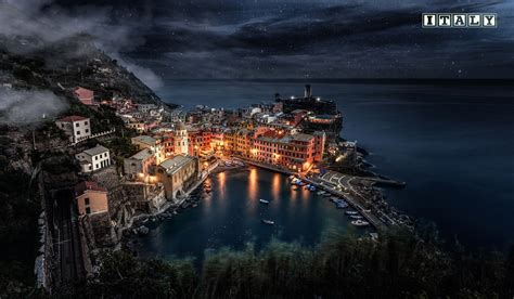 Wallpaper Lights Sea Cityscape Italy Night Reflection Vernazza