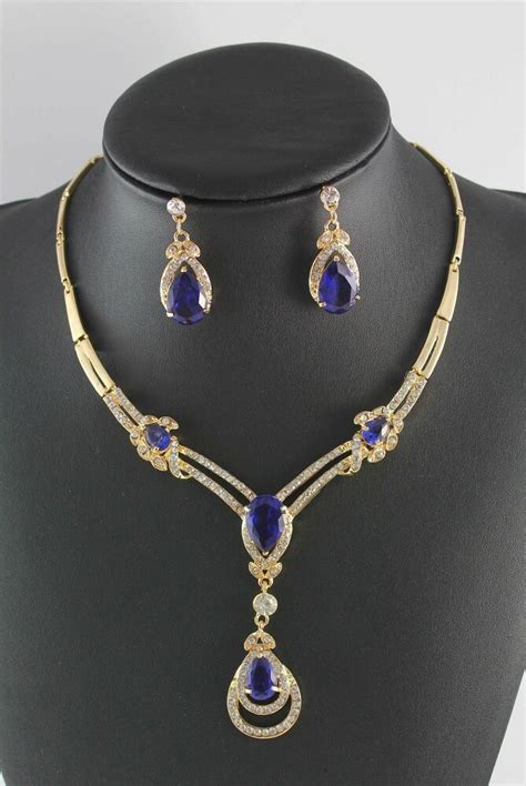 Blue sapphire gemstone necklace stud with cz in sterling silver attractive design necklace dwarka gems limited jaipur india. YELLOW GOLD PLATED BLUE SAPPHIRE TOPAZ CRYSTAL NECKLACE EARRINGS JEWELRY SET | eBay