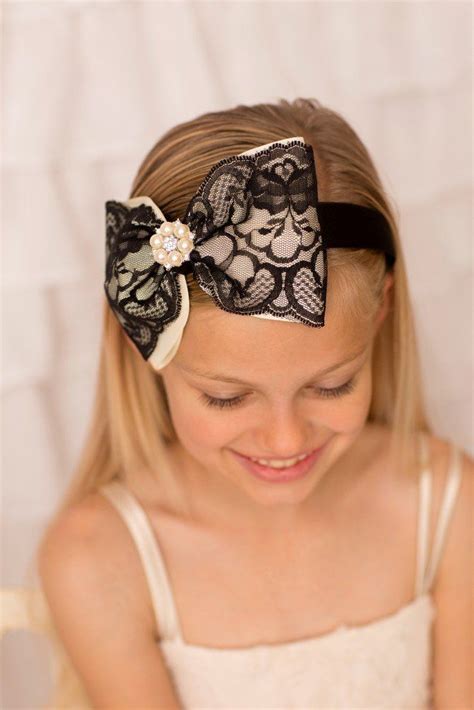 Hair Band Black And Ivory Oversized Satin And Lace Bow With Pearls And