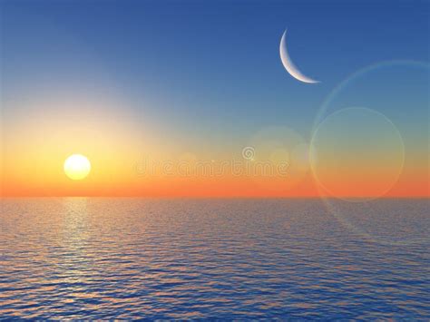 Sunrise Over Sea With Moon Stock Illustration Illustration Of Dawn