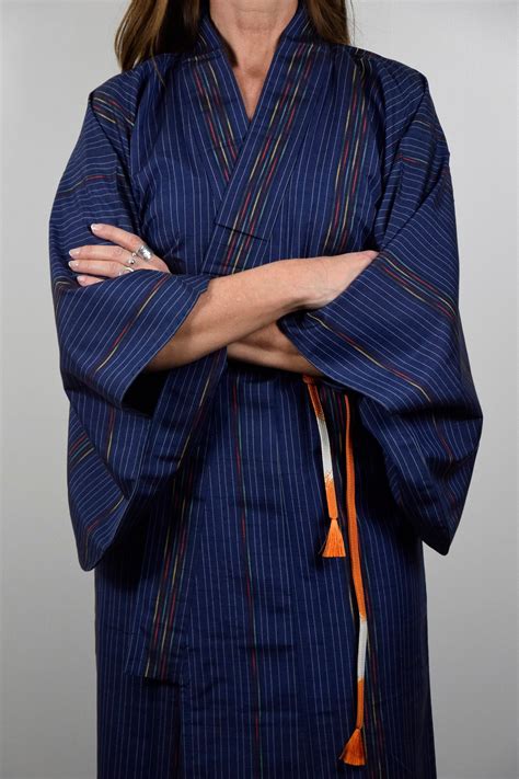Japanese Vintage Kimono Robe Silk In Blue With Free Obijime Belt Silk