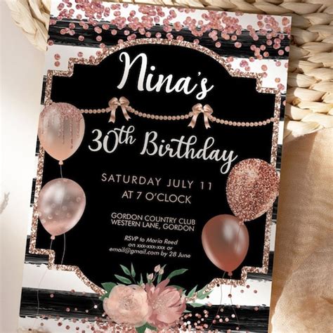 Editable Rose Gold Birthday Invitation Lets Party Rose Etsy