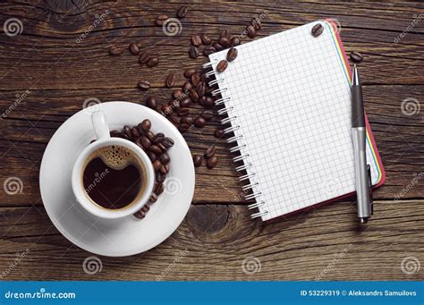 Opened Notepad Pen And Coffee Stock Image Image Of Table Beverage