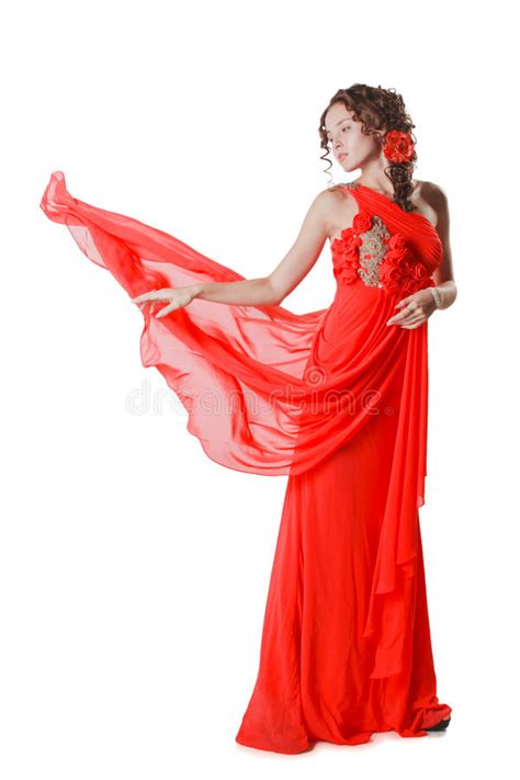 Young Woman In Red Dress Isolated On White Background Stock Photo