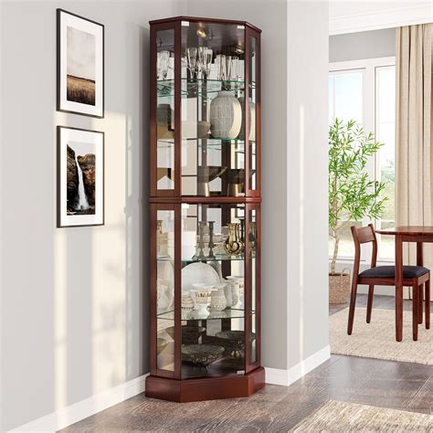 Belleze Ashfield Lighted Woodglass Curio Corner Cabinet Floor Standing