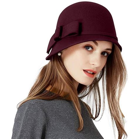 women solid color 100 wool winter hat women cloche bucket bowler with bowknot burgundy