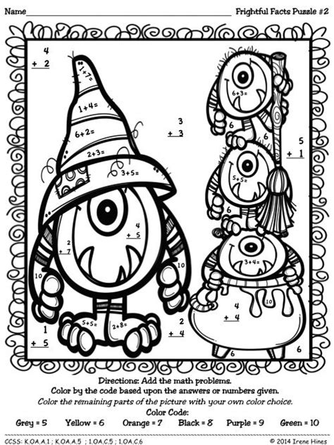 Halloween Math Color By Number Addition Sketch Coloring Page