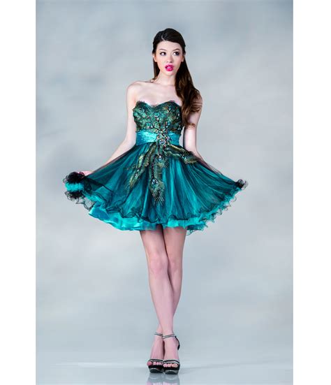 Vudress Dresses Shop Online Teal Peacock Feather Chiffon Short Prom Dress