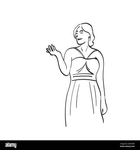 Line Art Woman In Evening Dress Presenting Something In Blank Space