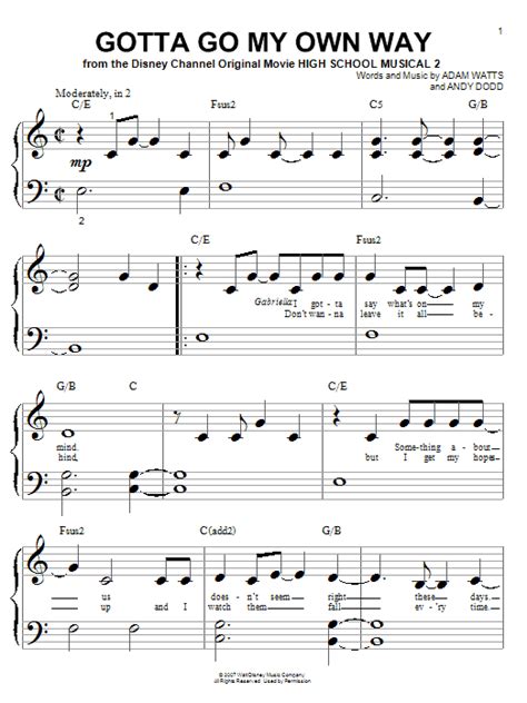 Gotta Go My Own Way Sheet Music High School Musical 2 Big Note Piano