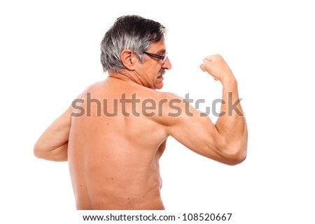 Shirtless Senior Man Gesturing Showing Body Stock Photo