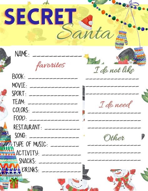Free Printable Secret Santa Wish List For Coworkers Holiday Printables