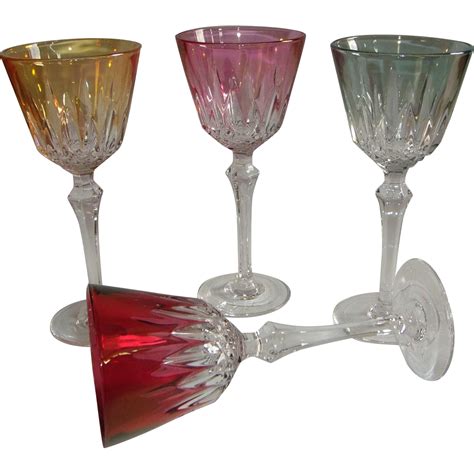 Antique Baccarat Cut And Colored Crystal Wine Glasses From