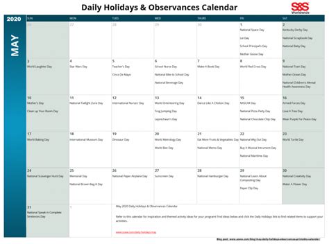 May Daily Holidays And Observances Printable Calendar Sands Blog Daily