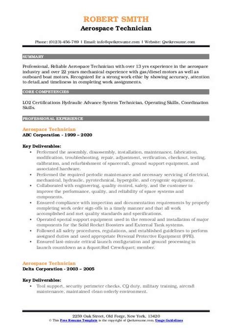 Aerospace Technician Resume Samples Qwikresume