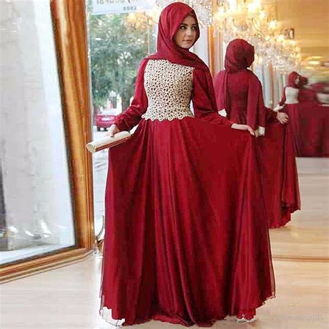 2016 new design hijab evening dress long sleeve red lace chiffon muslim prom dresses floor