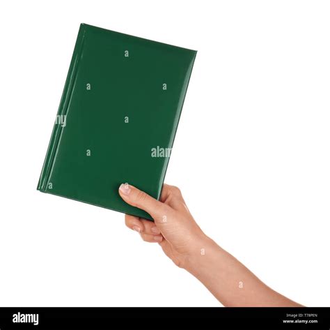 Female Hand Holding Book With Blank Cover On White Background Stock