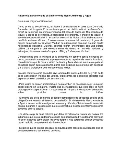 Carta enviada al Ministerio de Medio Ambiente y Agua by María José