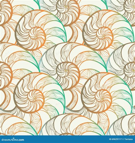 Nautilus Seashell Wave Spiral Seamless Pattern Stock Illustration