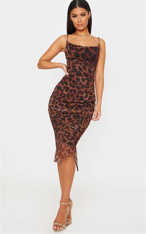 Tan Leopard Print Cowl Neck Ruched Frill Midi Dress Prettylittlething