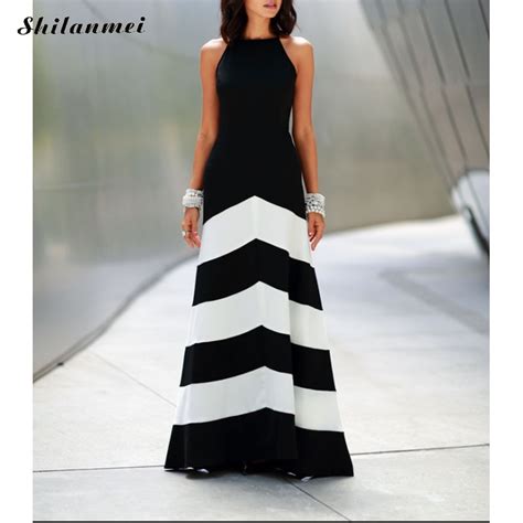 Women Black White Wide Stripe Maxi Long Dress Halter Cross Strap