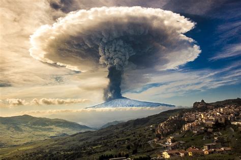 Nature Etna Volcano Eruption Sicily Italy Snowy Peak Mushroom