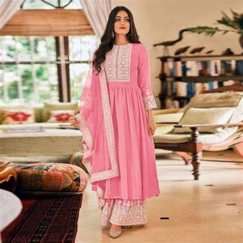 Pink Partywear Embroidered Faux Georgette Palazzo Suit Plazzo Set Plazo Dress Designer Plazo