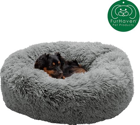 Furhaven Calming Cuddler Long Fur Donut Bolster Dog Bed Gray Medium