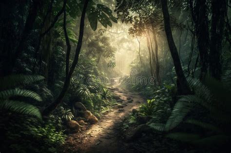Path Trail On A Luxuriant Tropical Jungle Forest With Beautiful Morning