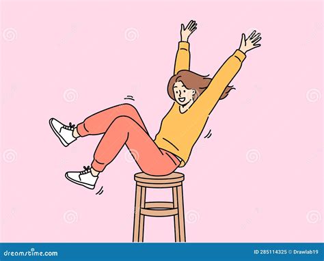 Happy Girl Is Spinning On Wooden Chair Raising Hands Up And Sharing Good Mood With Others Stock