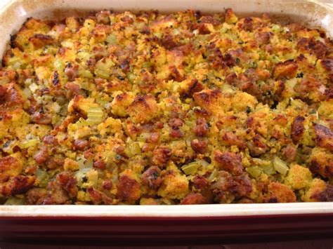 cornbread dressing with sausage in the kitchen with kath