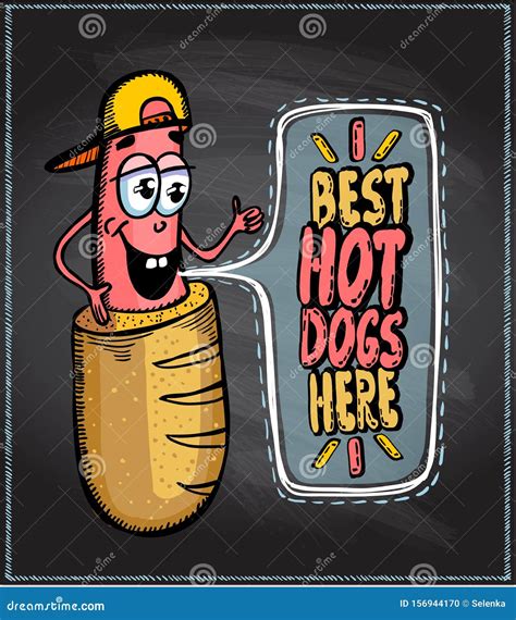 Best Hot Dogs Here Chalkboard Poster With Cartoon Sausage Dressed In
